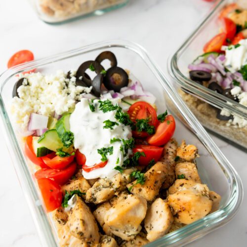 Recipe Card Meal Prep Greek Chicken Quinoa Bowl Servings: 4 Prep Time: 15 minutes Cook Time: 25 minutes Total Time: 40 minutes Ingredients For the Quinoa Base: 1 cup quinoa, rinsed 2 cups water or chicken broth 1/2 teaspoon salt For the Chicken: 1 pound boneless, skinless chicken breasts or thighs 2 tablespoons olive oil 1 teaspoon salt 1/2 teaspoon black pepper 1 teaspoon Italian seasoning For the Toppings: 1 cup cherry tomatoes, halved 1 cucumber, diced 1/4 red onion, thinly sliced 1/2 cup Kalamata olives, sliced 1/3 cup crumbled feta cheese 1/4 cup fresh parsley, chopped 1 cup store-bought tzatziki sauce Instructions Prepare the Quinoa: In a medium pot, bring water or chicken broth to a boil. Add quinoa and salt, reduce heat, cover, and simmer for 15 minutes until tender. Fluff with a fork and set aside. Cook the Chicken: Season chicken with salt, pepper, and Italian seasoning. Heat olive oil in a skillet over medium-high heat and cook chicken for 4-6 minutes per side until golden and cooked through. Rest for 5 minutes, then slice. Assemble the Bowls: Divide quinoa among four bowls. Top with chicken, cherry tomatoes, cucumber, red onion, Kalamata olives, and crumbled feta. Add a dollop of tzatziki and garnish with parsley. Enjoy your flavorful Greek Chicken Quinoa Bowl!